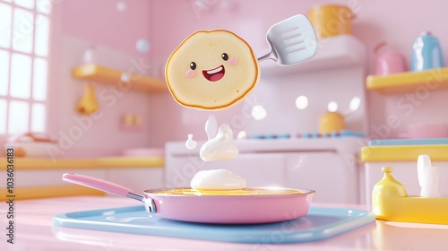 Smiling pancake flying out of a pink frying pan with yellow oil and white butter blobs in a pink kitchen. photo