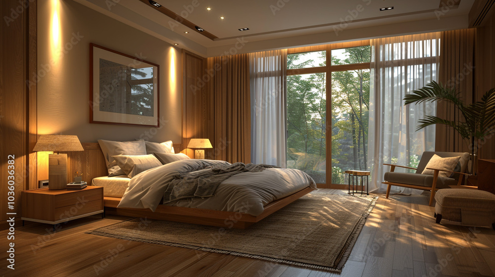 A tranquil transitional bedroom with a large wooden bed, dressed in soft, neutral-colored linens A tranquil transitional bedroom with a large wooden bed, dressed in soft, neutral-colored linens