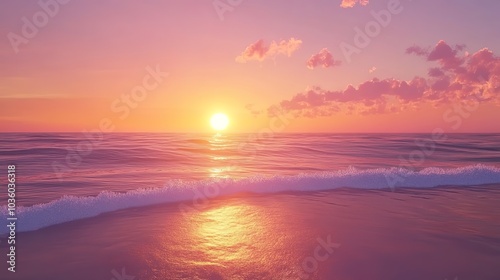 An enchanting sunset over a tranquil beach, where the sky transitions from orange to soft pink, casting a warm glow on the gentle waves.