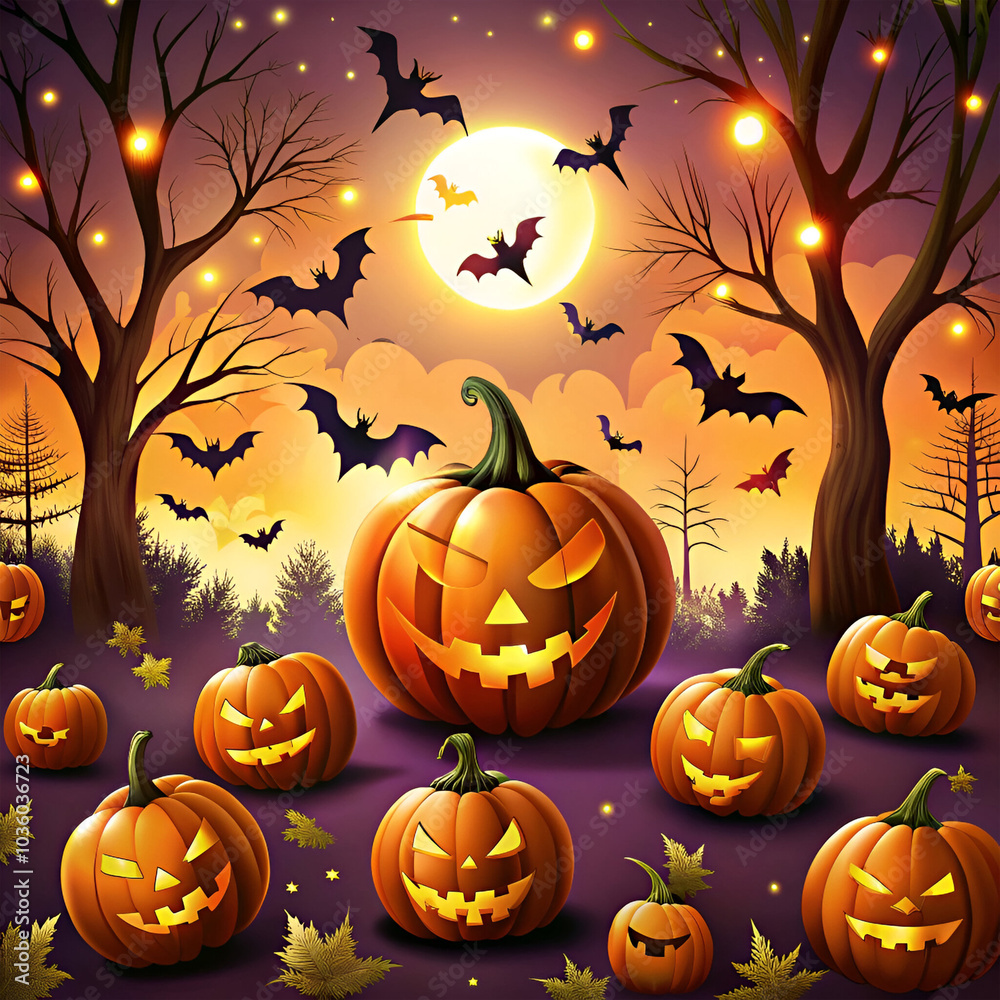 Halloween theme background with scary smiling Pumpkins, bats, moon, outdoor decoration illustration Halloween theme background with scary smiling Pumpkins, bats, moon, outdoor decoration illustration