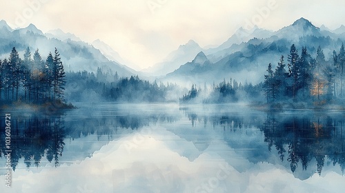  A mountain lake with trees in the foreground and a foggy sky in the background