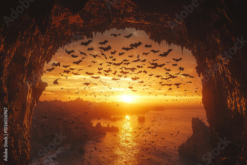 A bat colony flying out of a cave at dusk, symbolizing the creatures of Halloween. Concept of wildlife. photo