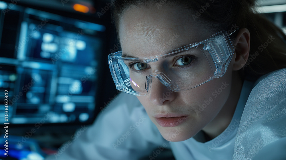 Focused scientist in lab with protective eyewear and technology