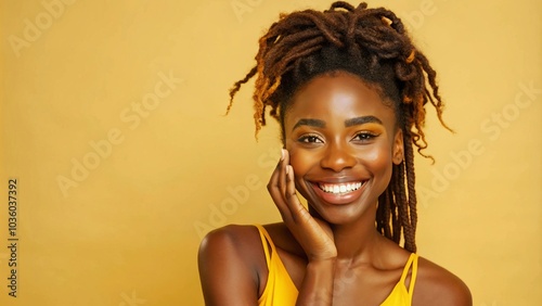 Portrait of a young smiling Black woman with dreadlocks, wearing a jumpsuit, against a yellow background. Perfect for skincare and beauty cosmetics with copy space.