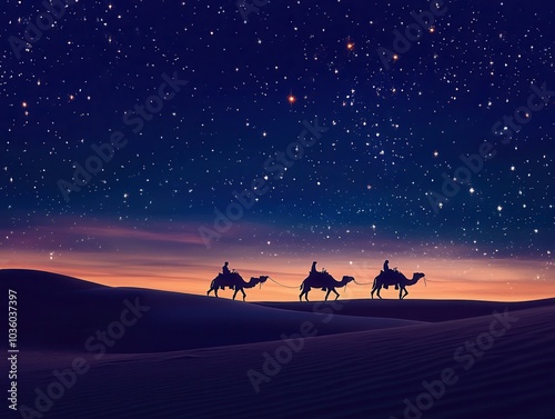 Twilight Camel Caravan in the Sahara Desert