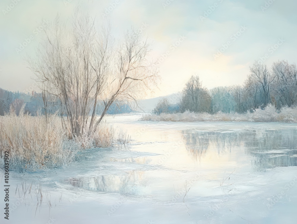 Serene Winter Landscape with Frozen Lake and Bare Trees Serene Winter Landscape with Frozen Lake and Bare Trees