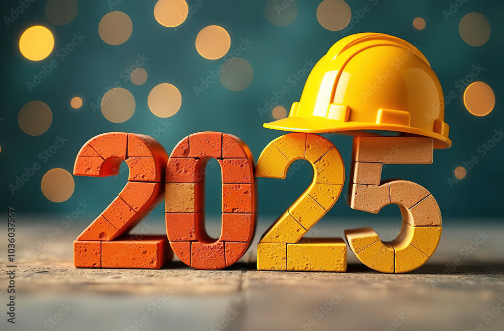 © edelweiss7227 - The numbers 2025 are made of bricks on a festive background. New year greeting card with yellow construction helmet for builders. © edelweiss7227 - The numbers 2025 are made of bricks on a festive background. New year greeting card with yellow construction helmet for builders.