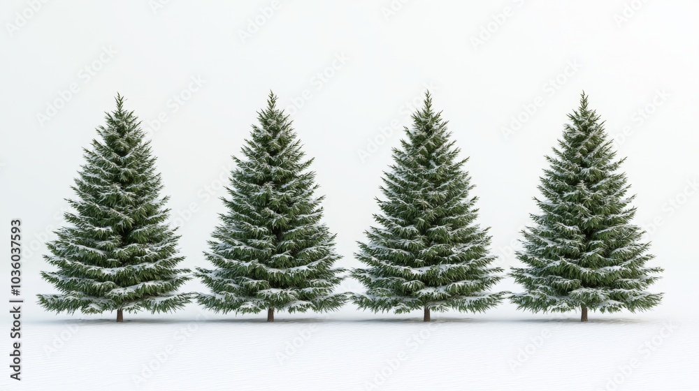 Obraz premium Four snow-covered evergreen trees stand in a row against a plain background, evoking a serene winter atmosphere.