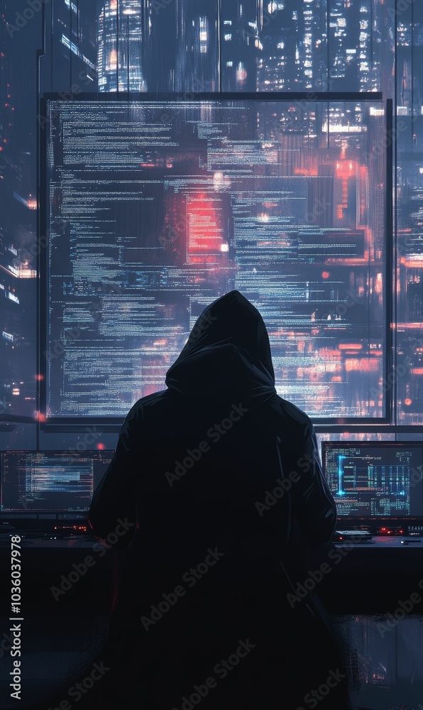 Hooded figure, city view, computer screens, code. Hooded figure, city view, computer screens, code.