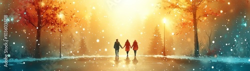 A serene winter scene featuring three people walking on a snowy path illuminated by warm glowing lights amidst colorful trees.