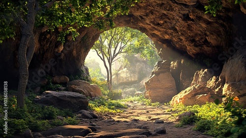 The entrance of a cave at Khandagiri, surrounded by lush greenery and natural rock formations, with sunlight filtering through the trees. photo