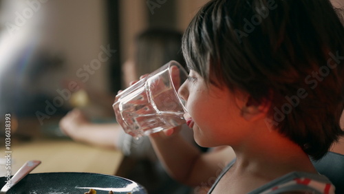 Side profile of a young boy drinking from a glass of water at the dining table, focusing on his drinking action and expression in a home environment photo