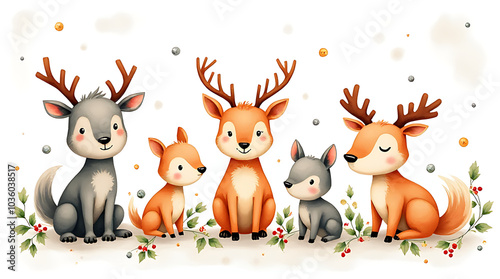 Wallpaper Mural colorful watercolor merry christmas illustration features adorable winter animals festive holly decorations Torontodigital.ca
