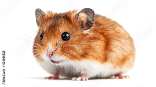 A small, brown hamster with white fur on its chest and belly sits on a white background looking to the left.