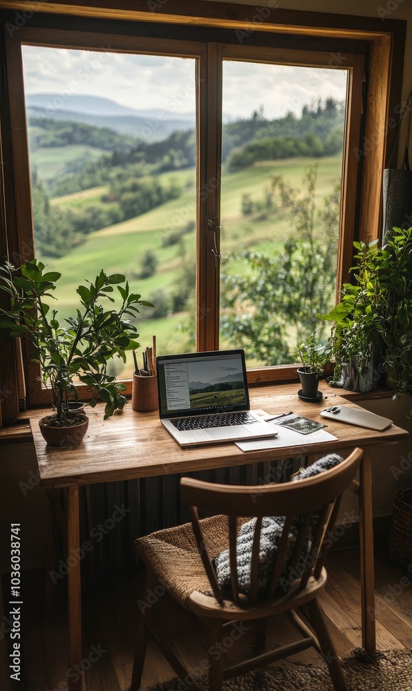 Fototapeta premium Wooden desk with laptop overlooking a valley.