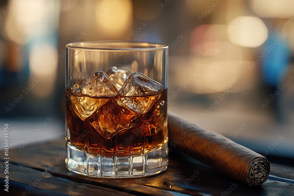 Glass of scotch whiskey with ice cubes and brown cigar Glass of scotch whiskey with ice cubes and brown cigar