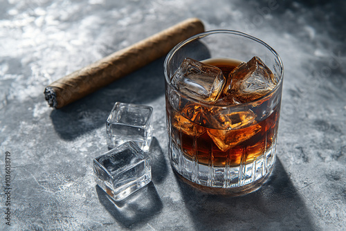 Glass of scotch whiskey with ice cubes and brown cigar photo