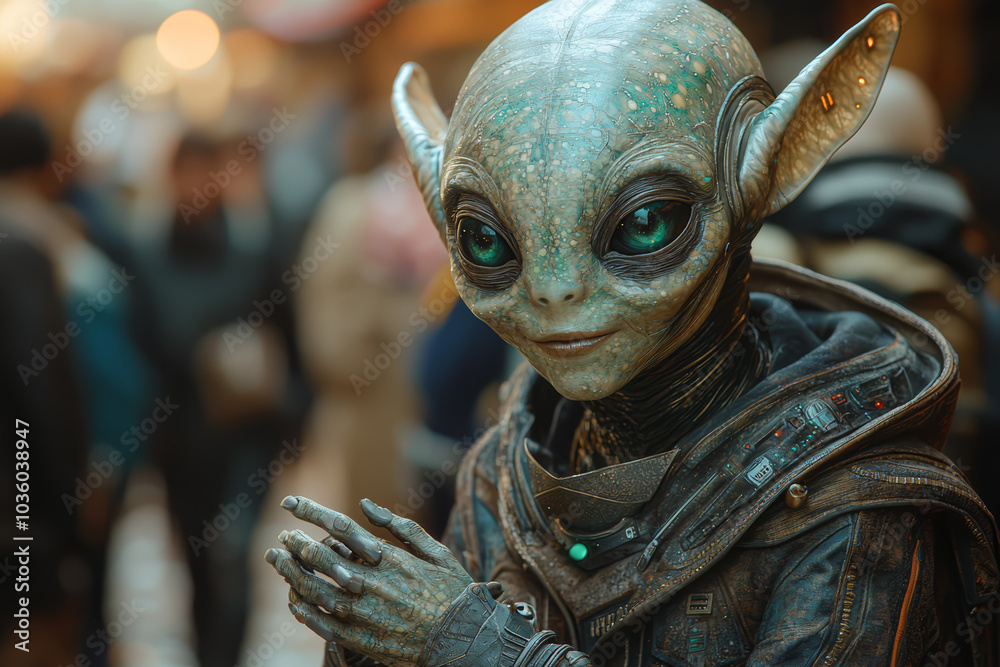 An alien ambassador shaking hands with a human leader, symbolizing peace and interstellar diplomacy. Concept of politics. An alien ambassador shaking hands with a human leader, symbolizing peace and interstellar diplomacy. Concept of politics.
