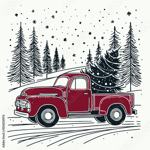 Christmas truck. Vintage vector illustration Christmas red truck with a Christmas tree on a white background. Retro card