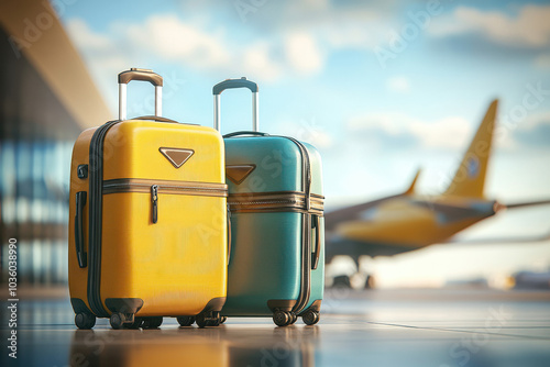 3D rendering of suitcases and backpacks at airport with airplane background photo