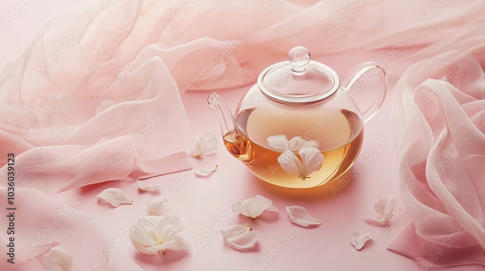 Glass teapot brewing jasmine tea with floating petals, isolated on a pale pink backdrop with decorative silk ribbons Glass teapot brewing jasmine tea with floating petals, isolated on a pale pink backdrop with decorative silk ribbons
