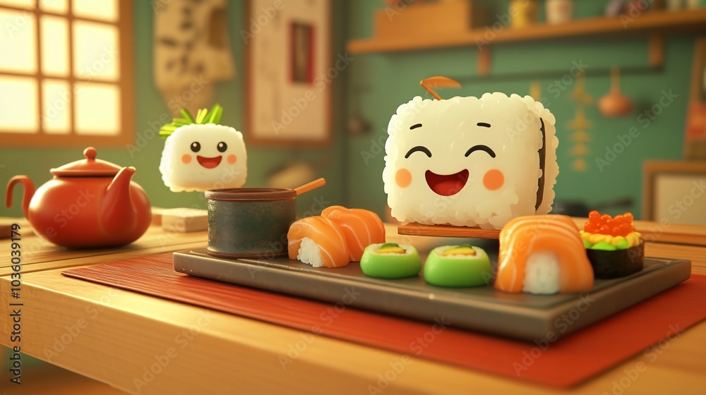 Smiling sushi rolls and a teapot on a wooden table. Smiling sushi rolls and a teapot on a wooden table.