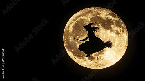 A spooky silhouette of a witch flying on a broom, with a glowing moon as the background, during a Halloween night