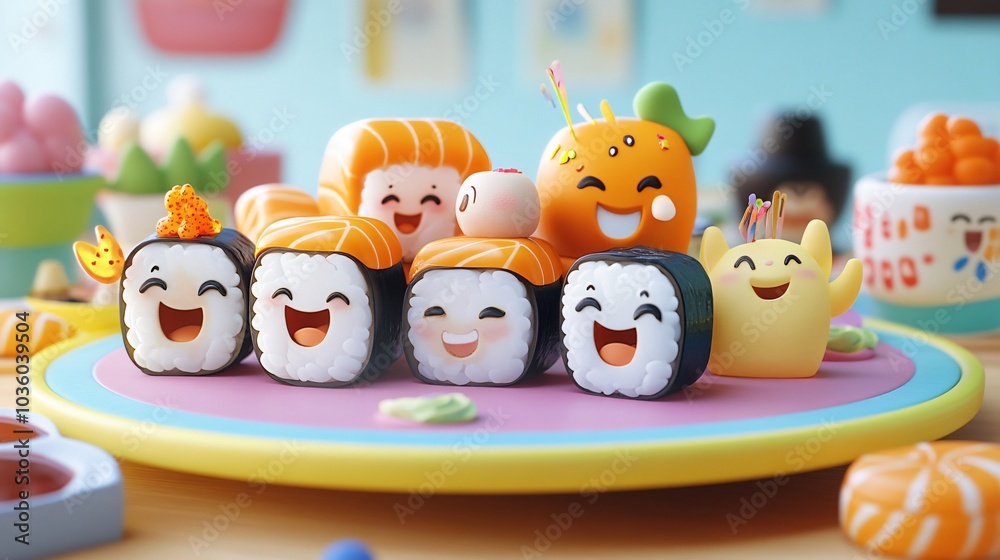 Smiling sushi rolls and other Japanese food characters on a colorful plate. Smiling sushi rolls and other Japanese food characters on a colorful plate.