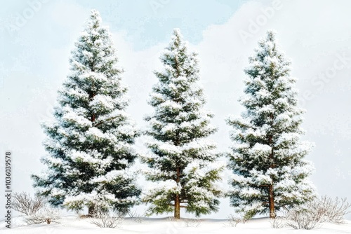 Three snow covered evergreen trees growing on snowy landscape