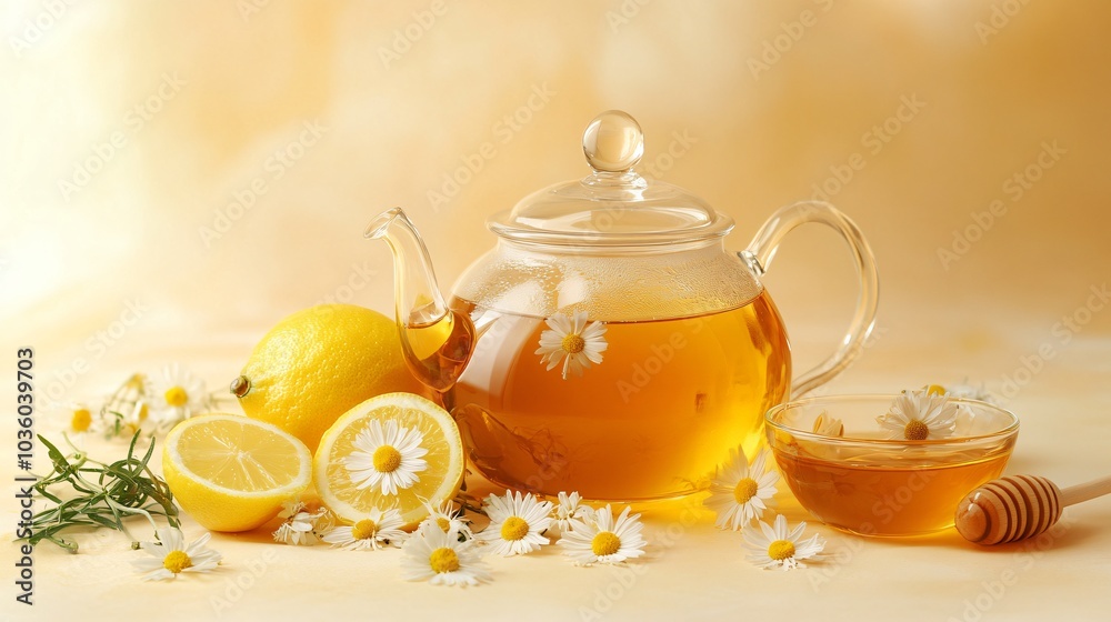 Glass teapot with chamomile flowers and fresh lemon slices, isolated on a light yellow background with a small dish of honey beside