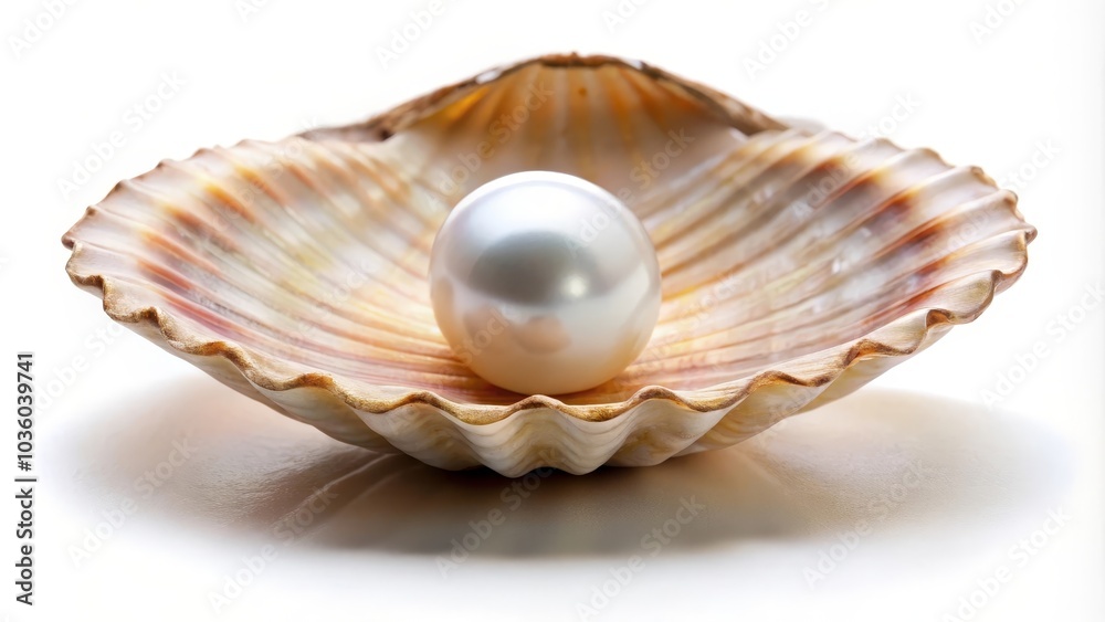 Big white pearl is resting on a beautiful iridescent mother of pearl shell Big white pearl is resting on a beautiful iridescent mother of pearl shell