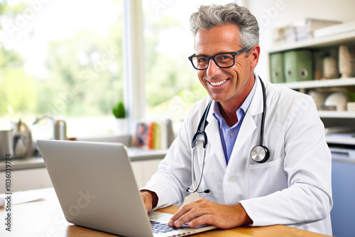 Smiling male doctor in white coat is working on laptop at light medical office. Concept of remote work and online healthcare professionalism in modern times. Telemedicine and remote consultations photo