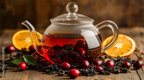 Glass teapot with loose-leaf black tea and fresh cranberries, isolated against a rustic wooden backdrop with decorative dried orange slices