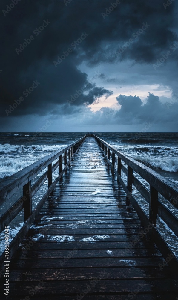 Fototapeta premium Wooden pier leading out to stormy sea.