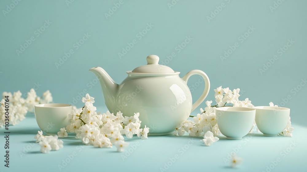 Teapot filled with white tea and dried jasmine blossoms, isolated on a soft pastel blue background with small ceramic teacups Teapot filled with white tea and dried jasmine blossoms, isolated on a soft pastel blue background with small ceramic teacups