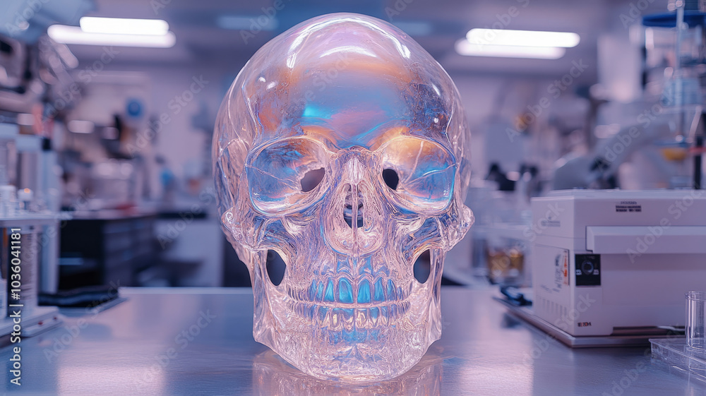 A glass skull displayed in a high-tech laboratory. A glass skull displayed in a high-tech laboratory.