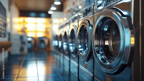 A row of shiny washing machines displayed in a brightly lit showroom, ready for customers to inspect and purchase. photo