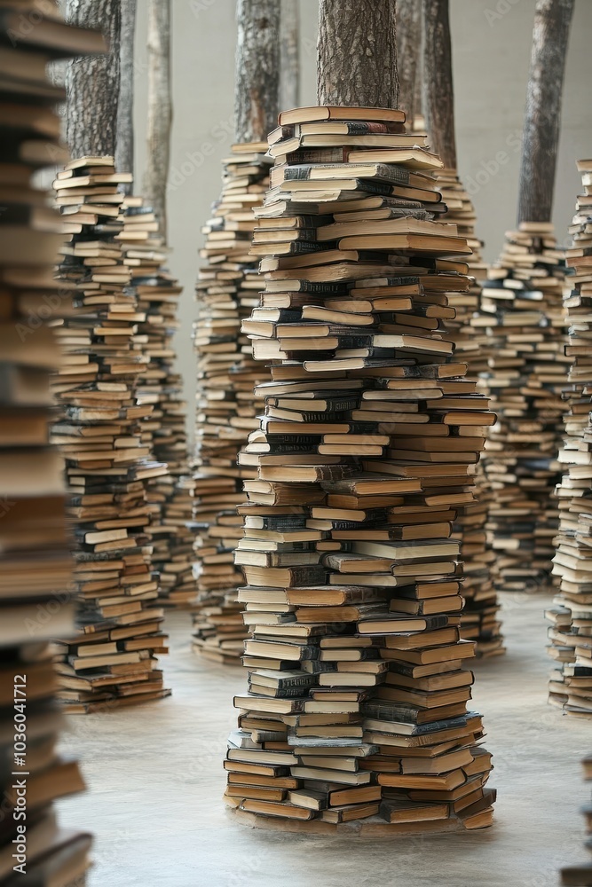 Obraz premium Artistic Installation of Stacked Books as Tree Trunks