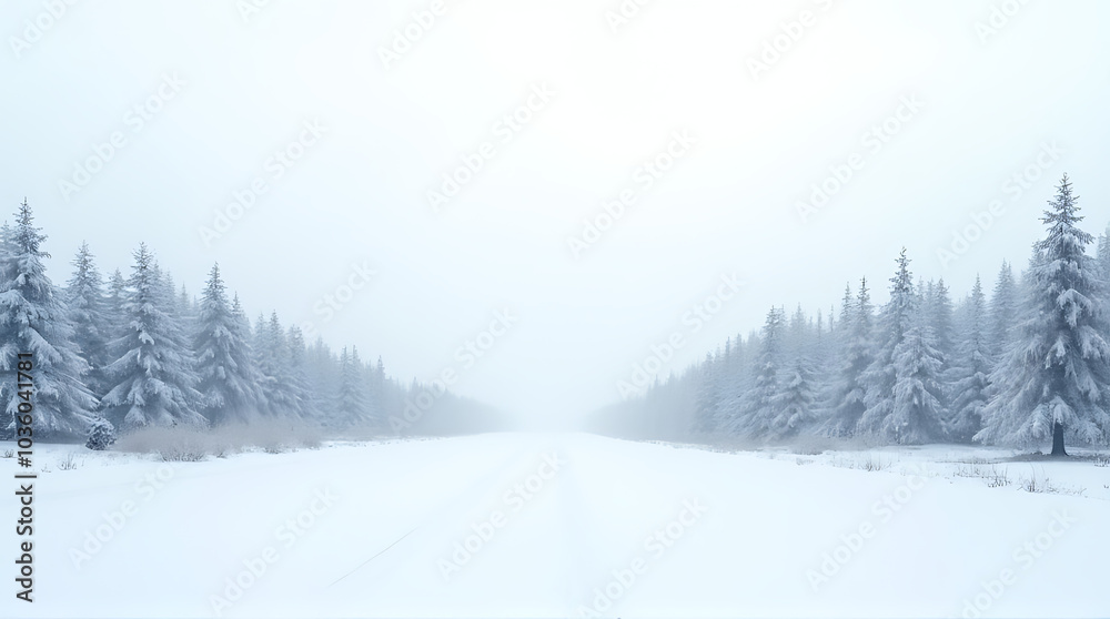 Naklejka premium frozen evergreen trees line winter landscape plenty empty white space text