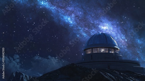 A stunning astronomical observatory with an opalescent glow, set against the backdrop of the Milky Way merging at a low angle