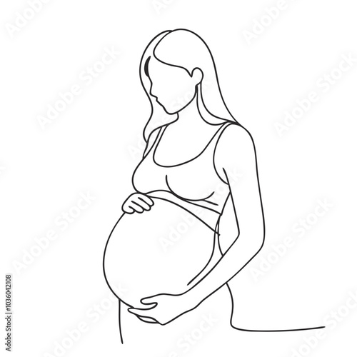 Minimalist line art of a pregnant woman gently cradling her belly, symbolizing motherhood and anticipation