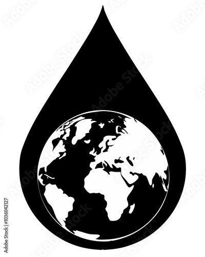 Black and white water drop logo featuring the Earth inside, symbolizing environmental protection and water conservation