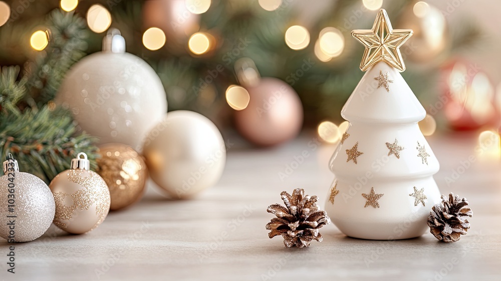 Christmas tree figurine with gold star on top made of glass on background with bokeh effect and glitter. Illustration for cover, card, postcard, banner, poster, brochure or presentation. Christmas tree figurine with gold star on top made of glass on background with bokeh effect and glitter. Illustration for cover, card, postcard, banner, poster, brochure or presentation.