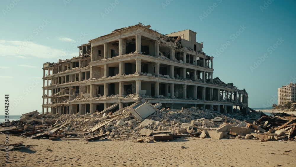 Damaged beachfront building in ruins after extreme weather or natural disaster, illustrating the vulnerability of coastal areas. Damaged beachfront building in ruins after extreme weather or natural disaster, illustrating the vulnerability of coastal areas.