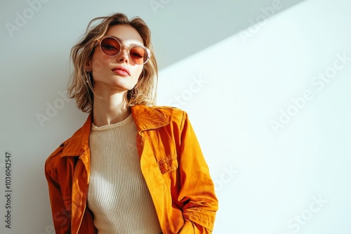 A young woman with short blonde hair wearing sunglasses and a bright orange jacket, stands against a white wall with sunlight and shadows. photo