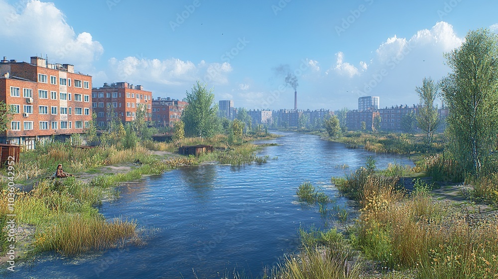 Serene river scene with urban backdrop and greenery.