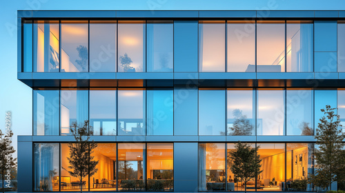 Modern glass office building illuminated at dusk, urban architecture