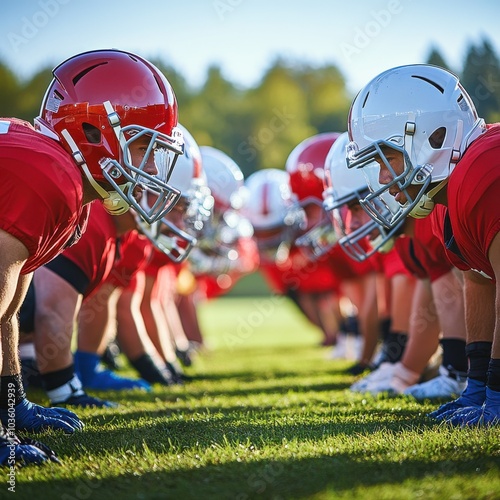 Intense moment of athletes in helmets preparing for a football game on a sunny field, showcasing teamwork and competition.