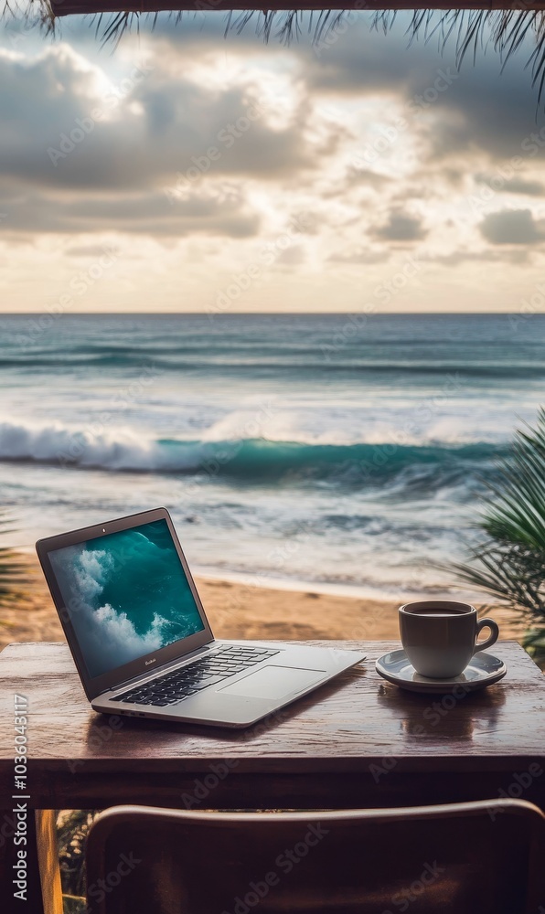 Laptop, coffee, ocean view, beachside table. Laptop, coffee, ocean view, beachside table.