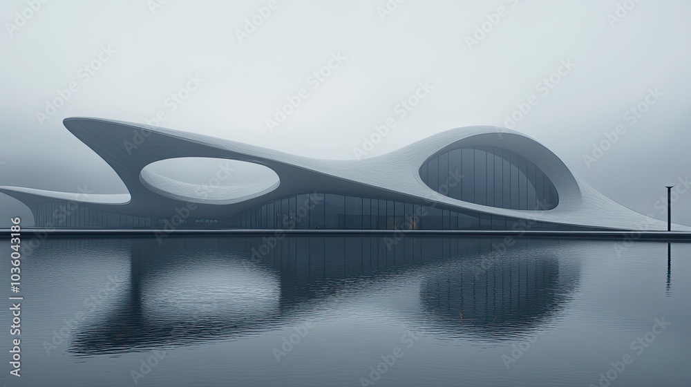 Fototapeta premium Luxury beachfront villa. Contemporary design residential building with a smooth curved roof. A place for a secluded holiday with beautiful views. Illustration for cover, postcard, etc.